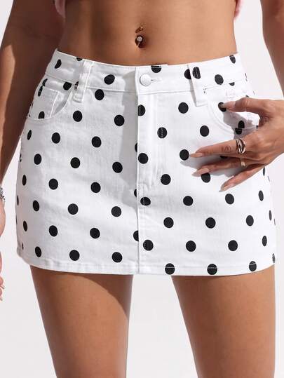 Rivivi Festival Plus Size Women's White Non-Stretch Polka Dot Print Mini Denim Skirt