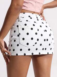 Flirla Festival Plus Size Women's White Non-Stretch Polka Dot Print Mini Denim Skirt - White - View 3