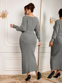 Modelyn فستان نسائي مقاس كبير مزين بخرز صناعي كاجوال للاستخدام اليومي من الصوف المحبوك - رمادي - مشاهدة 2