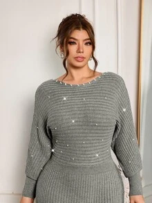 Modelyn فستان نسائي مقاس كبير مزين بخرز صناعي كاجوال للاستخدام اليومي من الصوف المحبوك - رمادي - مشاهدة 6