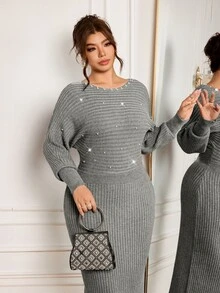 Modelyn فستان نسائي مقاس كبير مزين بخرز صناعي كاجوال للاستخدام اليومي من الصوف المحبوك - رمادي - مشاهدة 5