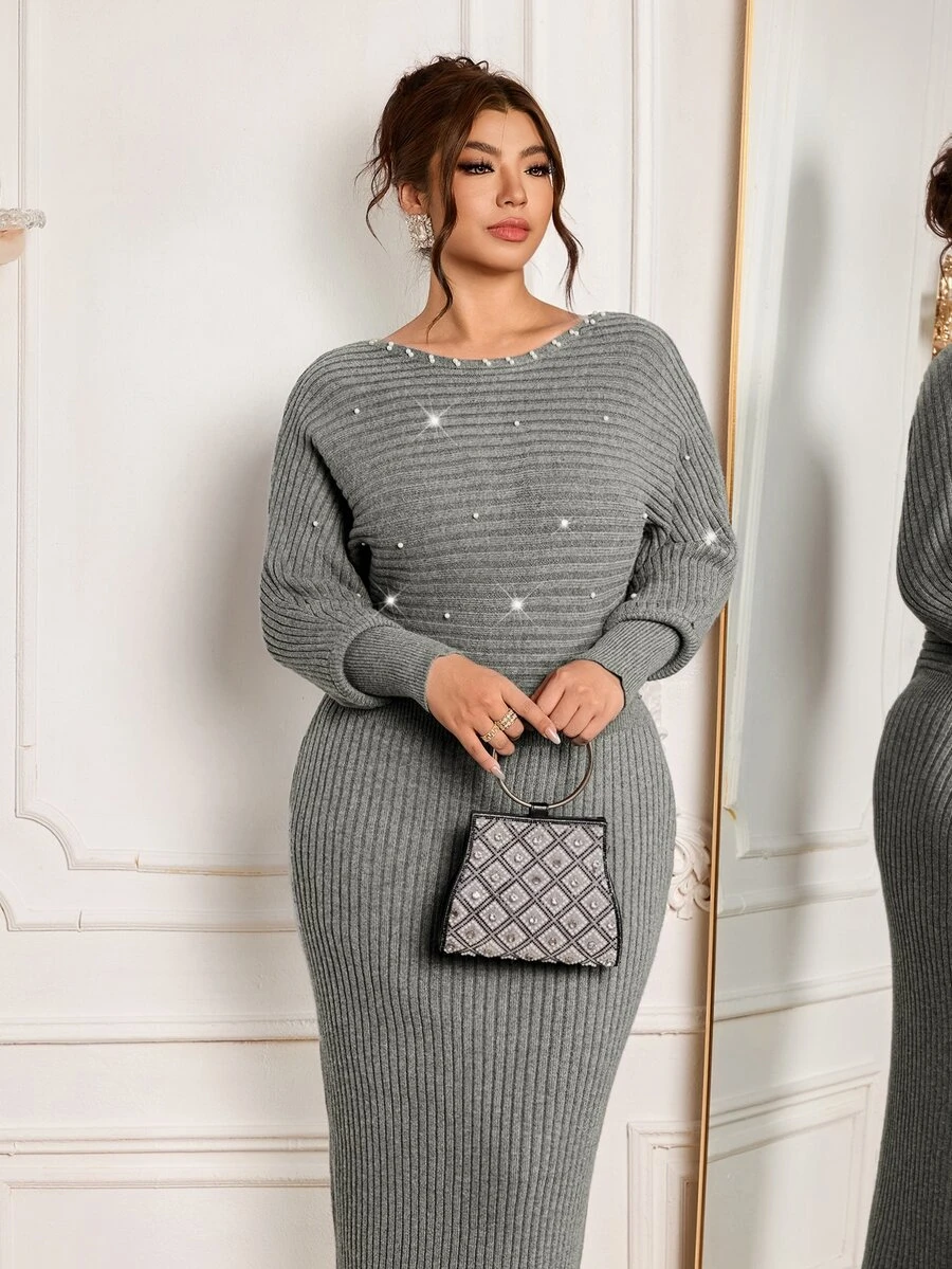 Modelyn فستان نسائي مقاس كبير مزين بخرز صناعي كاجوال للاستخدام اليومي من الصوف المحبوك - رمادي - مشاهدة 1
