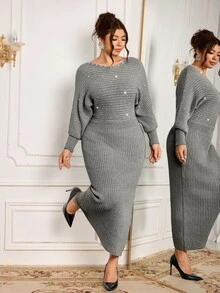 Modelyn فستان نسائي مقاس كبير مزين بخرز صناعي كاجوال للاستخدام اليومي من الصوف المحبوك - رمادي - مشاهدة 4