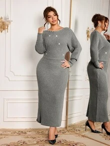 Modelyn فستان نسائي مقاس كبير مزين بخرز صناعي كاجوال للاستخدام اليومي من الصوف المحبوك - رمادي - مشاهدة 3