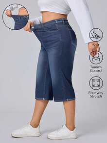 SHEIN CURVE+ Festival Plus Size Women's Blue Elastic Slim Fit Sexy Capri Pants - Dark Wash - View 8