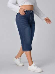 SHEIN CURVE+ Festival Plus Size Women's Blue Elastic Slim Fit Sexy Capri Pants - Dark Wash - View 6
