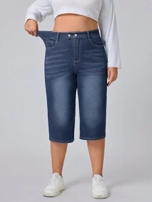 SHEIN CURVE+ Festival Plus Size Women's Blue Elastic Slim Fit Sexy Capri Pants - Dark Wash - View 5