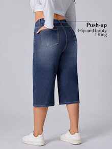 SHEIN CURVE+ Festival Plus Size Women's Blue Elastic Slim Fit Sexy Capri Pants - Dark Wash - View 2