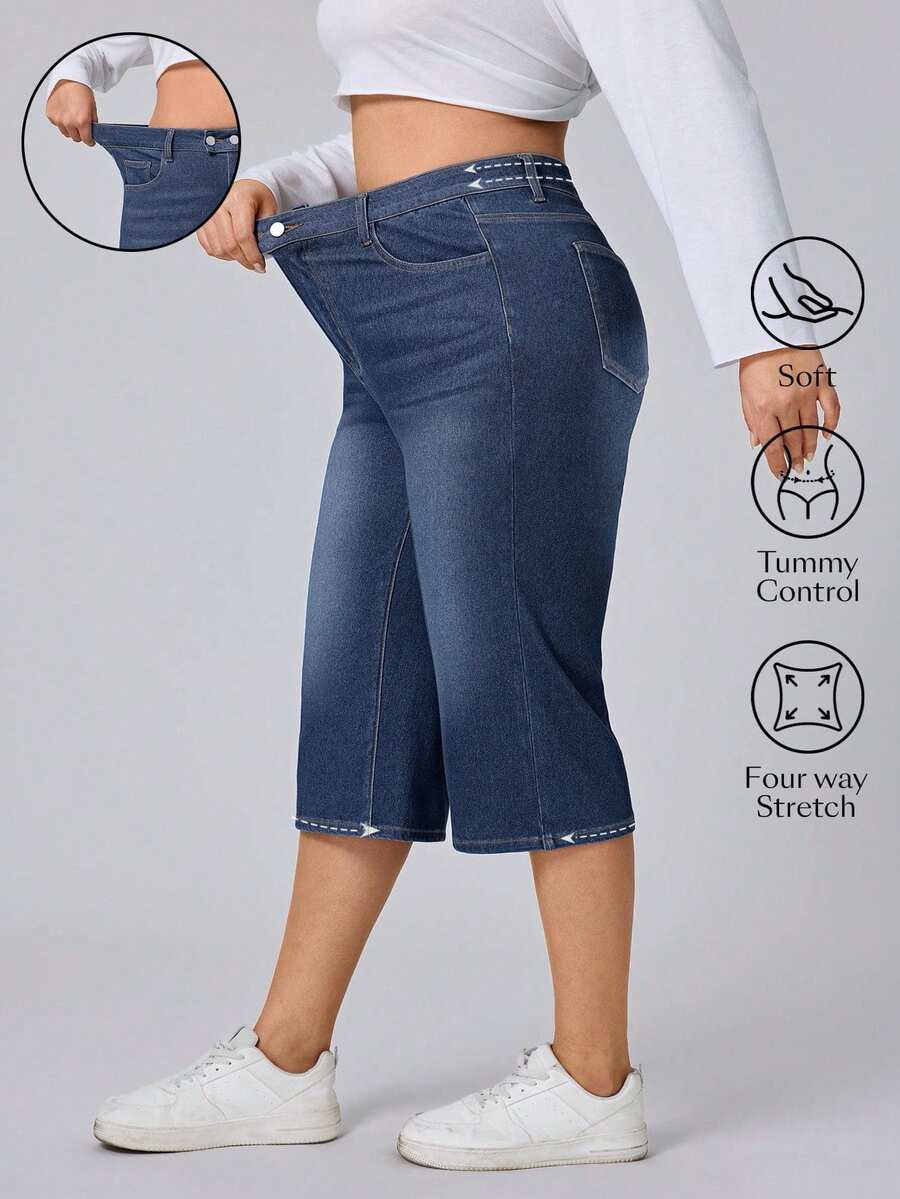 SHEIN CURVE+ Festival Plus Size Women's Blue Elastic Slim Fit Sexy Capri Pants - Dark Wash - View 1
