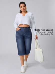 SHEIN CURVE+ Festival Plus Size Women's Blue Elastic Slim Fit Sexy Capri Pants - Dark Wash - View 4