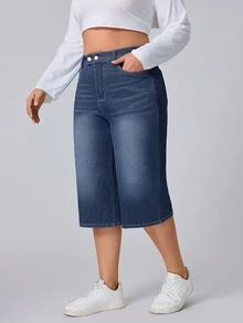 SHEIN CURVE+ Festival Plus Size Women's Blue Elastic Slim Fit Sexy Capri Pants - Dark Wash - View 3