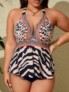 Swim Lushoire Plus Size 2pcs Set Multicolor Placement Print Spaghetti Strap Backless Fashion Two Pieces Tank Bikini Swimwear - Multicolor - View 7