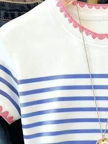 Girls' Round Neck Short T-Shirt, Blue & White Striped With Pink Floral Lace Heart Design, Suitable For Outdoor, Spring, Summer, Autumn - Multicolor - View 3