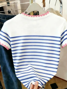 Girls' Round Neck Short T-Shirt, Blue & White Striped With Pink Floral Lace Heart Design, Suitable For Outdoor, Spring, Summer, Autumn - Multicolor - View 2