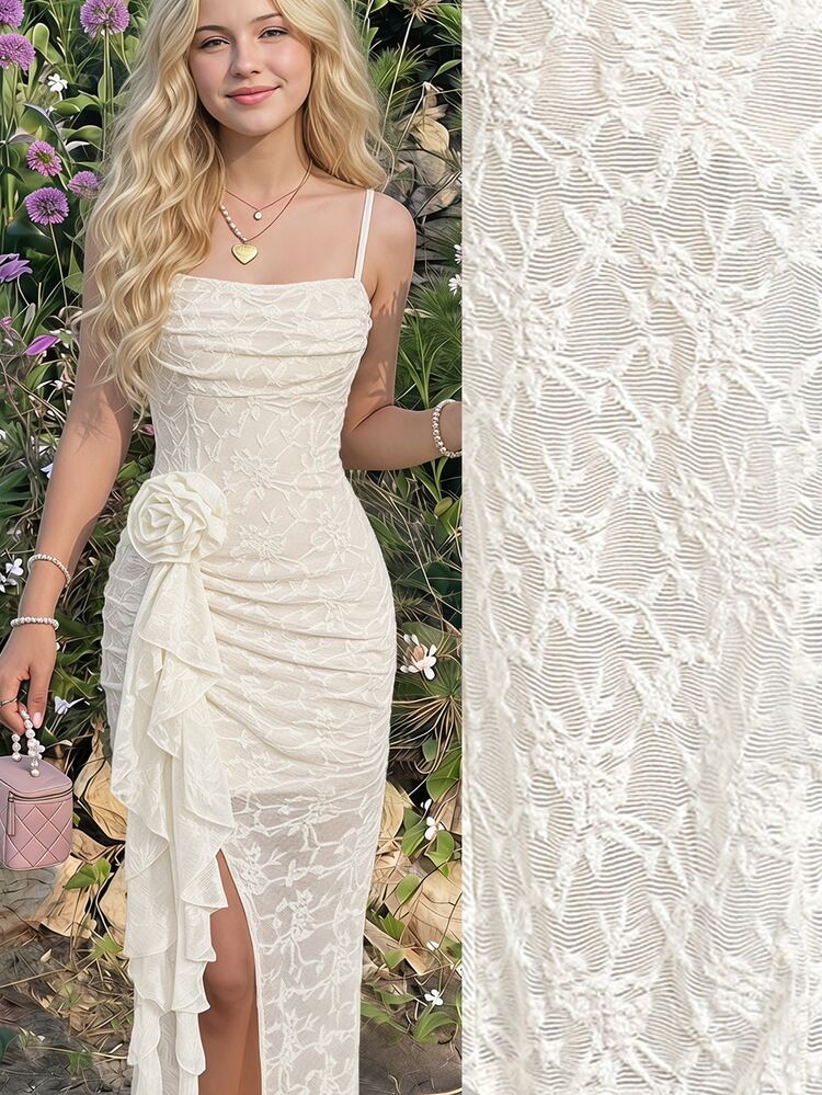 SHEIN Teen Girl Teen Girls Elegant White Lace 3D Flower Ruffle Slit Fitted Spaghetti Strap Dress, Party Dress - Apricot - View 11