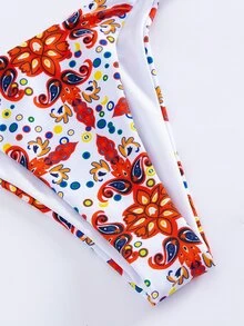 SHEIN Swim Ladies' Summer Beach Floral Print Halter Neck Tie Two-Piece Bikini Triangle Cup Swimwear Set, Random Print - Multicolor - View 4