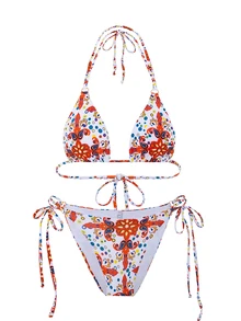 SHEIN Swim Ladies' Summer Beach Floral Print Halter Neck Tie Two-Piece Bikini Triangle Cup Swimwear Set, Random Print - Multicolor - View 1