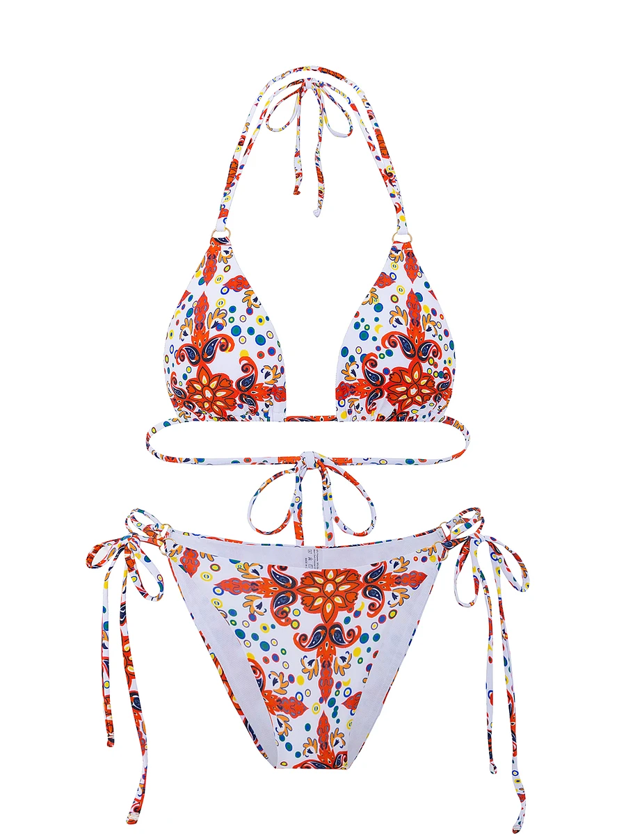 SHEIN Swim Ladies' Summer Beach Floral Print Halter Neck Tie Two-Piece Bikini Triangle Cup Swimwear Set, Random Print - Multicolor - View 1