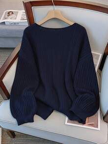 GlowEve CURVE Plus Size Elegant V-Neck Drop Shoulder Long Sleeve Pullover Sweater - Navy Blue - View 2