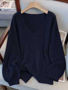 GlowEve CURVE Plus Size Elegant V-Neck Drop Shoulder Long Sleeve Pullover Sweater - Navy Blue - View 1
