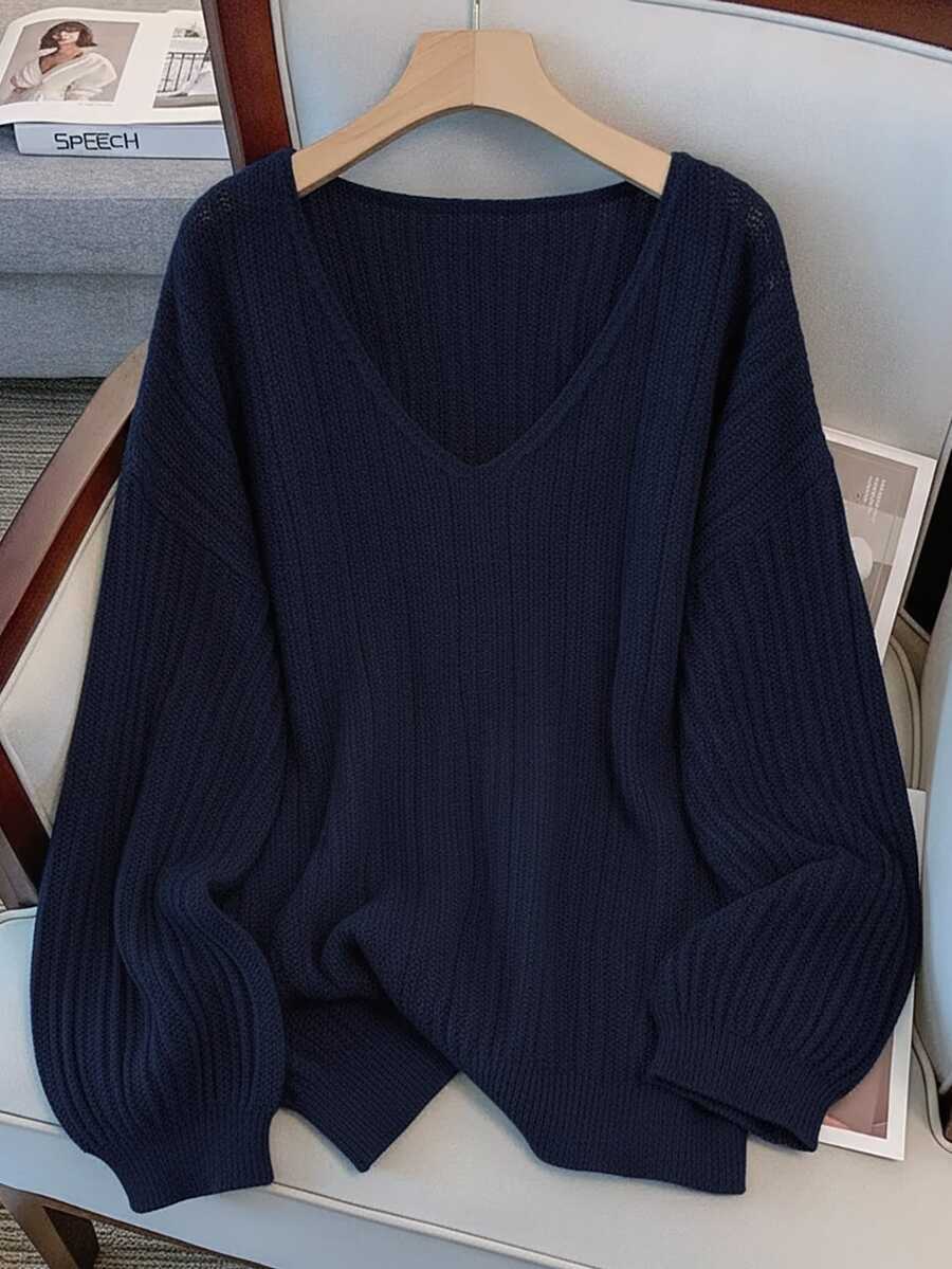 GlowEve CURVE Plus Size Elegant V-Neck Drop Shoulder Long Sleeve Pullover Sweater - Navy Blue - View 1