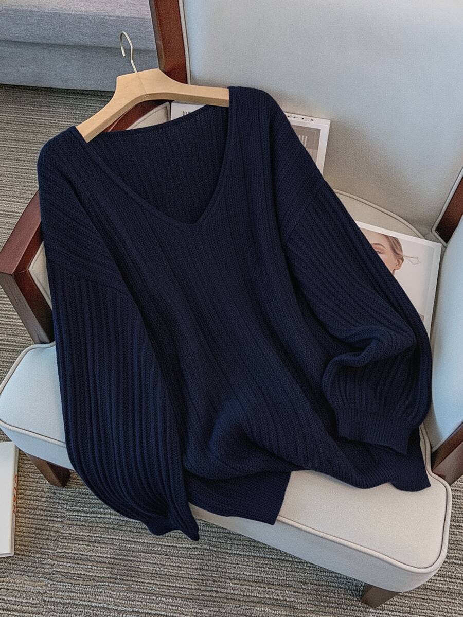 GlowEve CURVE Plus Size Elegant V-Neck Drop Shoulder Long Sleeve Pullover Sweater Winter - Navy Blue - View 1