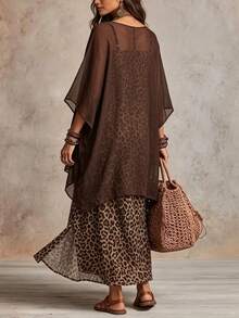 SHEIN Gaun Wanita Elegan Motif Leopard Vintage, Set Gaun Desain Longgar - Coklat - View 2
