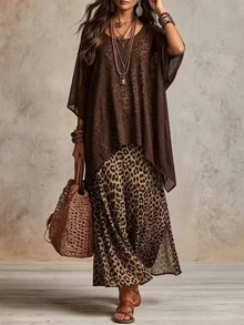 SHEIN Gaun Wanita Elegan Motif Leopard Vintage, Set Gaun Desain Longgar - Coklat - View 4