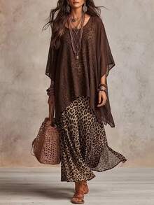 SHEIN Gaun Wanita Elegan Motif Leopard Vintage, Set Gaun Desain Longgar - Coklat - View 6