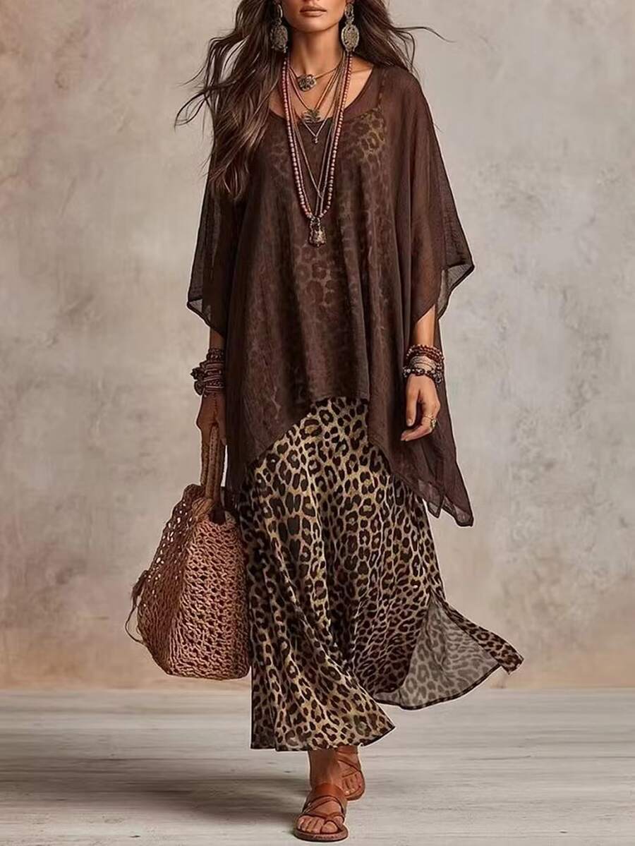 SHEIN Women's Elegant Vintage Leopard Print Dress, Slouchy Design Dress Set - Brown - View 1