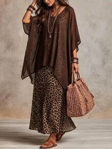 SHEIN Gaun Wanita Elegan Motif Leopard Vintage, Set Gaun Desain Longgar - Coklat - View 5