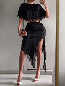 SHEIN SXY 女款絲綢蕾絲拼接不對稱性感優雅鏤空約會雞尾酒晚宴外出洋裝，黑色，夏季，萬聖節 - 黑色 - 查看 5