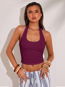 SHEIN BAE 女款純色百搭短版掛脖背心上衣，適合日常與週末穿著，外出夜生活，梅紫色，夏季性感 - 中紫紅色 - 查看 6