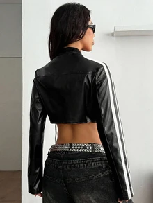 Coolane Women's Fall/Winter Streetwear Casual Y2k Ricing Grunge Hippie PU Banded Texture Decoration Black Long Sleeve Crop Jacket - Black - View 6