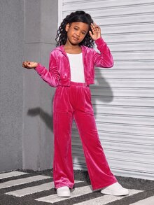 SHEIN 青少年女孩運動休閒天鵝絨連帽開襟衫套裝 - 玫紅色 - 查看 7