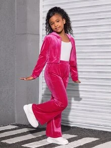 SHEIN 青少年女孩運動休閒天鵝絨連帽開襟衫套裝 - 玫紅色 - 查看 1