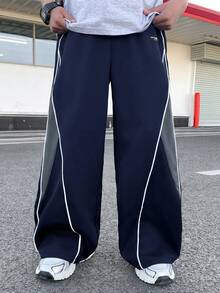 SHEIN Teen Boy Casual Loose Color Block Patchwork Long Pants - Navy Blue - View 3