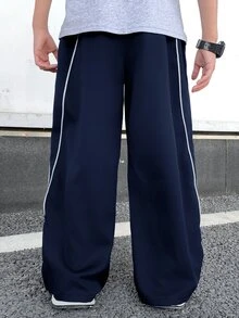 SHEIN Teen Boy Casual Loose Color Block Patchwork Long Pants - Navy Blue - View 2