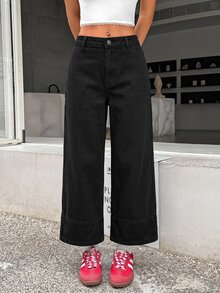 SHEIN PETITE 女款低腰直筒九分牛仔褲 黑色 - 黑色 - 查看 8