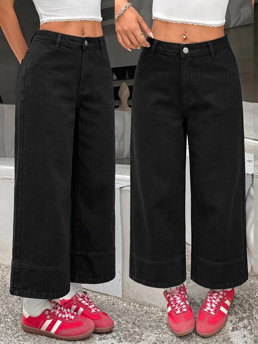 SHEIN PETITE 女款低腰直筒九分牛仔褲 黑色