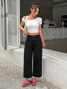 SHEIN PETITE 女款低腰直筒九分牛仔褲 黑色 - 黑色 - 查看 5