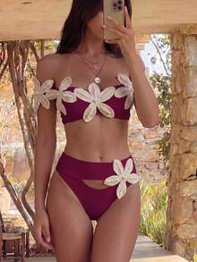 SHEIN Swim 春夏女款熱銷性感度假比基尼套裝，隨機佈置海星與珍珠裝飾 - 紅色 - 查看 3