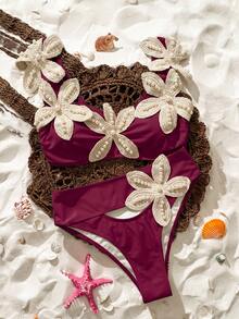 SHEIN Swim 春夏女款熱銷性感度假比基尼套裝，隨機佈置海星與珍珠裝飾 - 紅色 - 查看 5