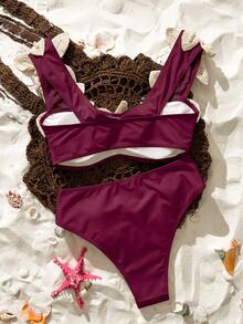 SHEIN Swim 春夏女款熱銷性感度假比基尼套裝，隨機佈置海星與珍珠裝飾 - 紅色 - 查看 2