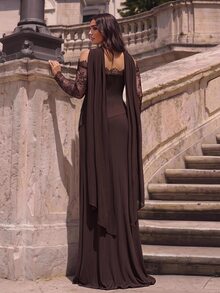 Aureia 大尺碼優雅迷人浪漫咖啡色彈性針織拼接蕾絲長袖透視蕾絲領蕾絲飾邊 2 合 1 大 A 字擺拼接蕾絲，適合婚禮派對慶典正式場合晚禮服（重工設計） - 咖啡棕 - 查看 3