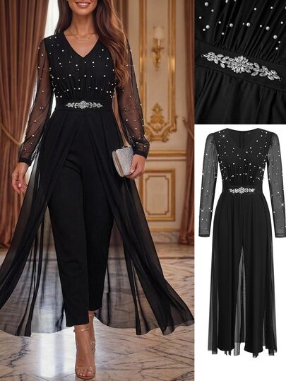 SHEIN Clasi Women's Faux Pearl Decor Contrast Mesh Long Sleeve Elegant Jumpsuit Autumn Outfit For Women Autumn
