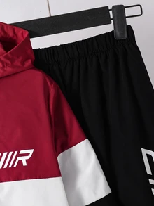 SHEIN 2件組兒童青少年男孩休閒日常秋季舒適服飾，拼色拼接連帽半拉鍊套頭外套，內裡加溫，寬鬆長袖夾克外衣搭配慢跑寬鬆長褲，梭織兩件套 - 酒紅色 - 查看 5
