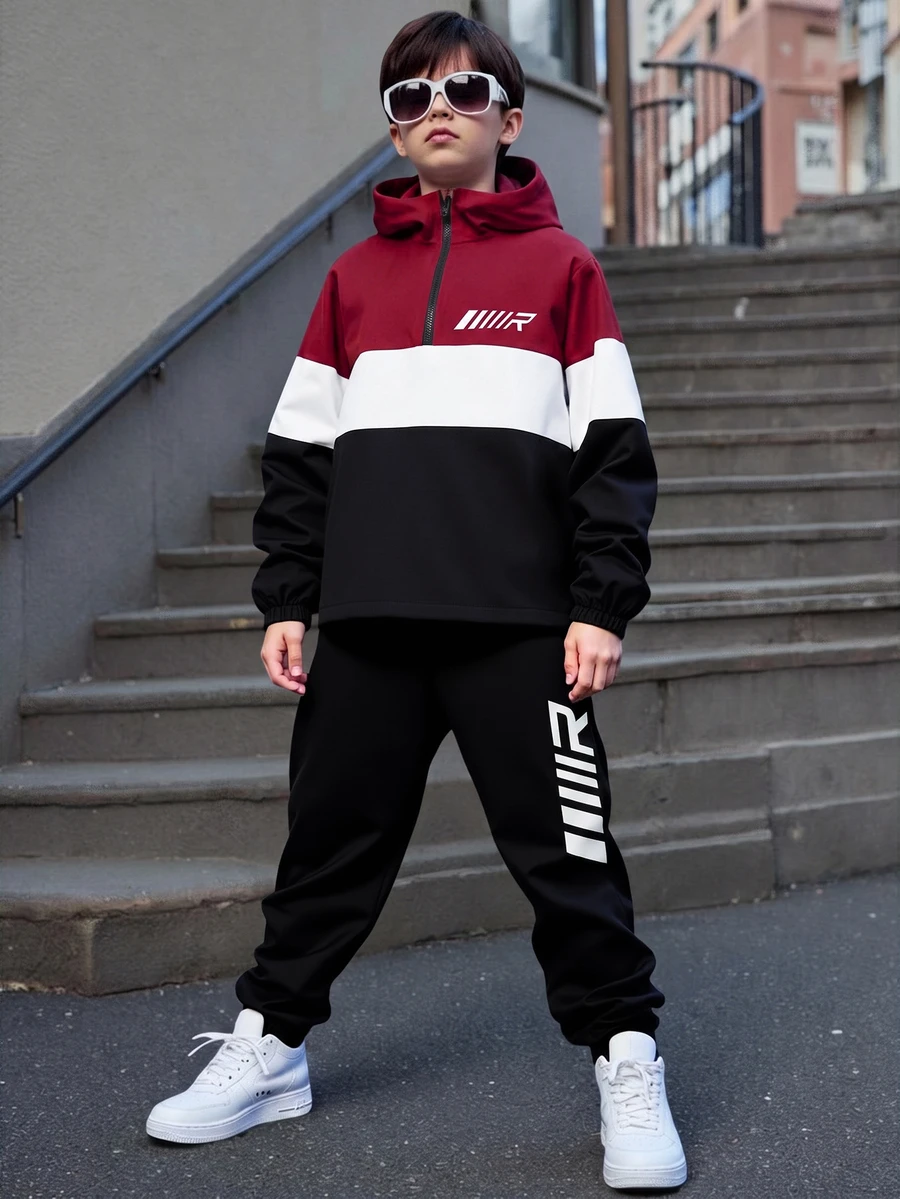 SHEIN 2件組兒童青少年男孩休閒日常秋季舒適服飾,拼色拼接連帽半拉鍊套頭外套,內裡加溫,寬鬆長袖夾克外衣搭配慢跑寬鬆長褲,梭織兩件套 - 酒紅色 - 查看 1
