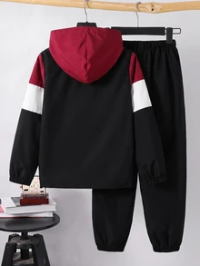 SHEIN 2件組兒童青少年男孩休閒日常秋季舒適服飾，拼色拼接連帽半拉鍊套頭外套，內裡加溫，寬鬆長袖夾克外衣搭配慢跑寬鬆長褲，梭織兩件套 - 酒紅色 - 查看 3
