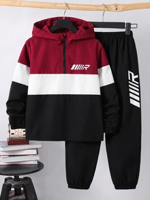 SHEIN 2件組兒童青少年男孩休閒日常秋季舒適服飾，拼色拼接連帽半拉鍊套頭外套，內裡加溫，寬鬆長袖夾克外衣搭配慢跑寬鬆長褲，梭織兩件套 - 酒紅色 - 查看 2
